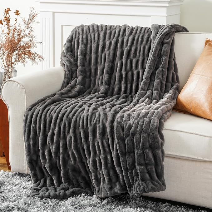 BATTILO Grey Faux Fur Throw Blanket for Couch, 60"x80", Double Side | Luxury Large Minky Couture Blanket, Premium Silky Cozy Warm Soft Fluffy Faux Fur Blanket For Bed, Sofa Living Room