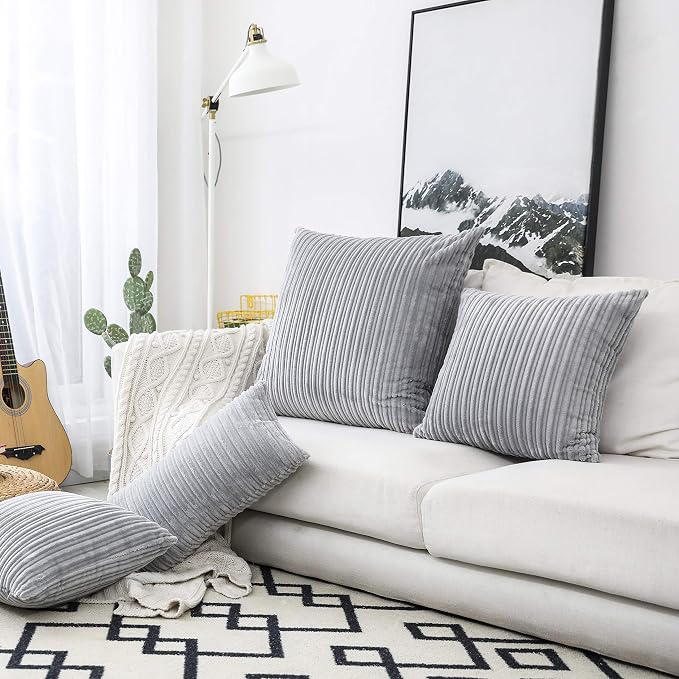 UGASA Velvet Pillow Covers Striped, Decorative Throw Cushion Case with Hidden Zipper for Home Couch/Bedroom/Car, Soft Cozy Solid Square, 1 Pack (24"x24", Light Grey)