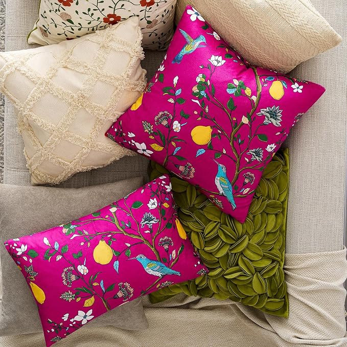 Hot Pink Velvet Floral Decorative 12x20 Lumbar Pillow Covers Set of 2 | Durable and Sturdy,Botanical Printed Pattern,Throw Pillows Case,Rectangle,Colorful Farmhouse,Home Sofa Bed Couch Decor