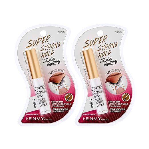 i•ENVY Super Strong Hold Eyelash Adhesive, Waterproof, 48-Hour Long-Lasting Lash Glue, Latex-Free, Hypoallergenic, Quick-Drying with Brush-On Applicator for Strip Lashes (Clear, 2 Pack)