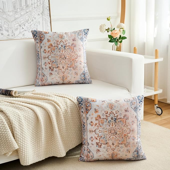 Boho Throw Pillow Covers 20x20 inch Set of 2,Boho Vintage Carpet Pattern Antique Ethnic Decor Double Sided Pattern Cushion Cover Soft Pillow Case Living Sofa Room Bed Square Pillow Cover