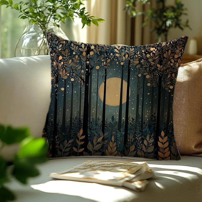 Rustic William Morris Style Black Moon Pillow Covers 18x18,Vintage Black and Gold Forest Moon Botanical Nature Landscape Decorative Throw Pillow Covers for Home Bedroom Living Room