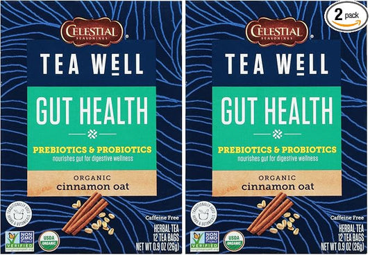 Celestial Seasonings TeaWell Herbal Tea, Gut Health, Organic Cinnamon Oat, 12 Count (Pack of 2)
