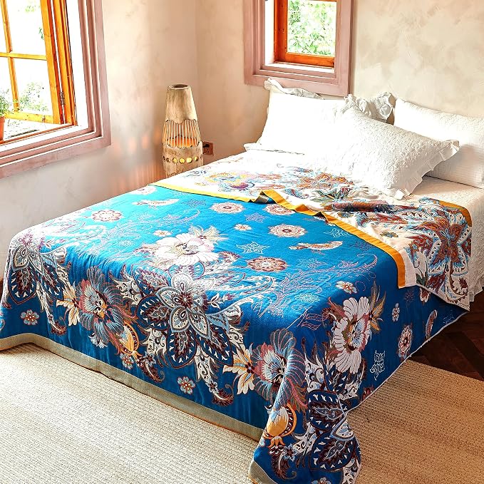 VANJOROY Boho Throw Blanket, 100% Organic Cotton Breathable Skin-Friendly Ultra Soft Bed Quilt Throw - All Season Floral Bird Farmhouse Décor Luxury Blanket for Sofa Couch Chair and Gift. 80" x 90"