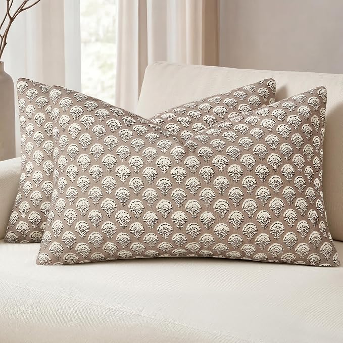 MIULEE Floral Print Decorative Lumbar Pillow Covers 12x20 Light Taupe | Vintage Boho Farmhouse Modern Home Decor, Set of 2, Block Print Cushion Covers for Couch Sofa Bed Living Room
