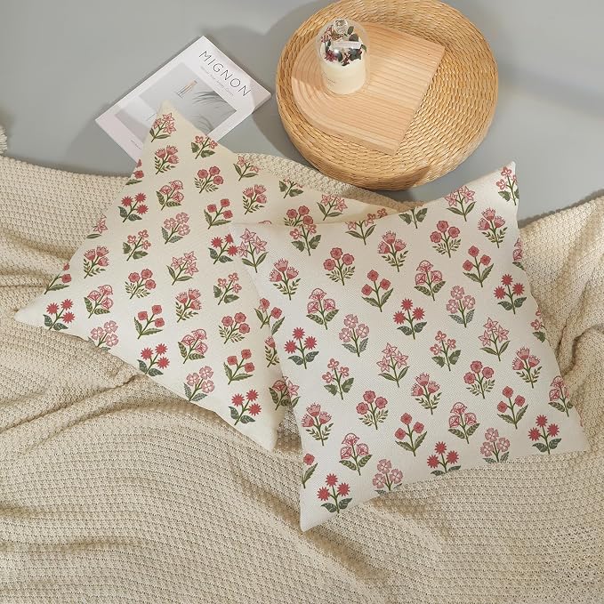 Farmhouse Floral Block Print Pillow Covers 18x18 Set of 2, Vintage Rustic Decorative Throw Pillows Modern Flower Cushion Covers for Sofa Couch Bed Living Room Home Decor, Sage Green Pink