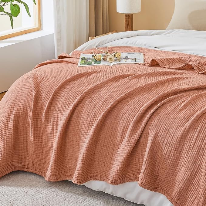EMME Cotton Muslin King Blanket Bed Layering Breathable Gauze Blanket Soft Lightweight Blankets Adults (Orange Red, 108"x90")