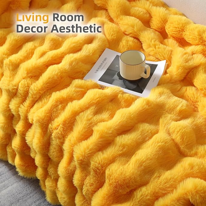 Faux Fur Throw for Couch - Mustard Yellow Bubble Blanket 50"x60" | Fluffy Plush Fuzzy Throw for Sofa & Bed, Super Soft Cozy Comfrt Blanket, Luxury Aesthetic Yellow Decor Gift for Women