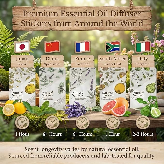 AROMA STICKERS® (Spearmint, Pack of 3) - 100% Natural Essential Oil Scented - Sticker Diffuser for Personal Space - Face Mask & Pillow - Refreshing & Focus (Pack of 3, 36 Stickers in Total)