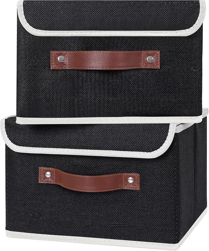 ANMINY Fabric Storage Box Bins with Lids, Black, 10"x8"x7", 4 Pack | Keepsake Memory Storage, Cotton Linen, PP Board Reinforced, Washable, PU Handles, Foldable & Stackable, Decorative, Small
