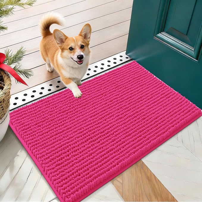 OLANLY Dog Door Mat for Muddy Paws 24x16, Extra Absorbent Chenille Mud Mat | Hot Pink, Absorbs Moisture and Dirt, Non-Slip Machine Washable Doormat, Quick-Drying Indoor Entryway Floor Mat for Dogs