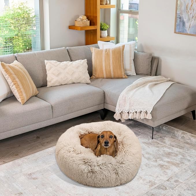 Best Friends by Sheri Original Calming Donut Dog Bed, Taupe, Small, 23" | Machine Washable, Shag Faux Fur, Orthopedic Support, Sense of Security, Water-Resistant Base, Small Dogs Up to 25 lbs