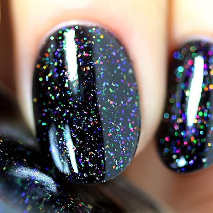 ILNP Party Bus - Black Rainbow Flake Holographic Shimmer Nail Polish, Chip Resistant, 7-Free, Non-Toxic, Vegan, Cruelty Free, 12ml