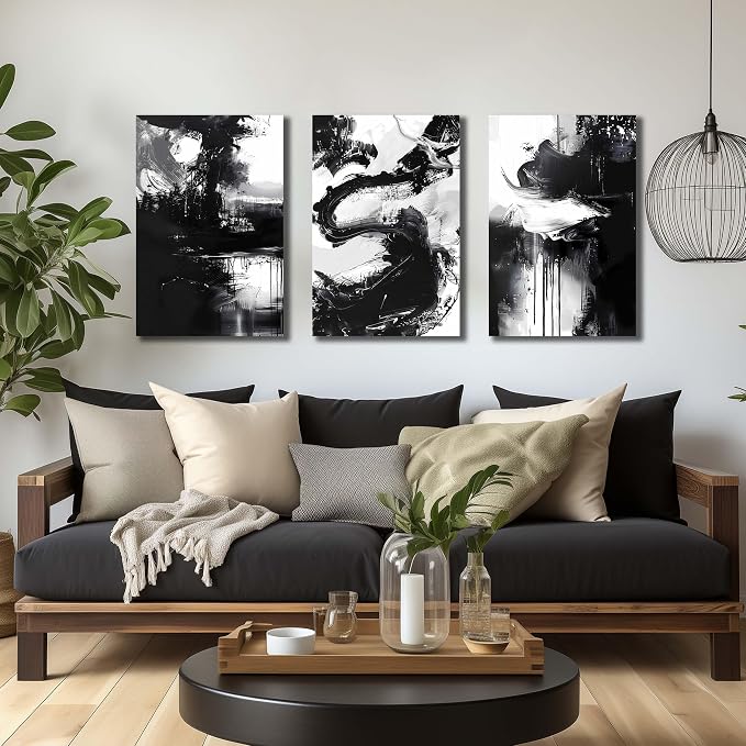 DNIEOTU Abstract Canvas Wall Art for Living Room, Black and White Picture Prints Wall-Decor for Bedroom, Size 16 x 24 Inches 3-Piece