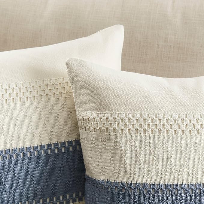 2 Pack Boho Throw Pillow Covers, Contrast Blue 22x22in | Soft Breathable Cotton, Farmhouse Decorative Couch Pillow Cases, Cushion Covers for Sofa Bed Living Room Home Decor