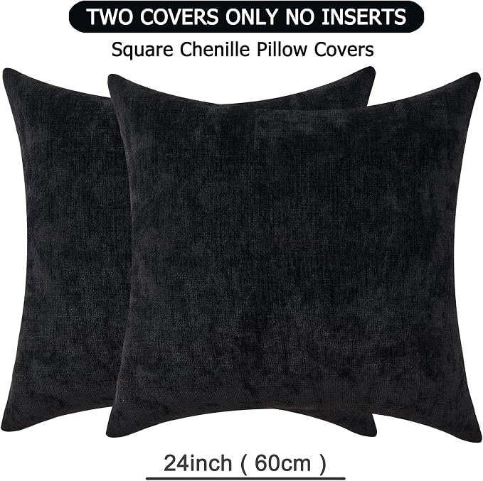 GAWAMAY Decorative Chenille Throw Pillow Covers 24x24 Inch Pack of 2, Soft Square Couch Pillow Cover for Sofa Cushion Living Room Bedroom Solid Dyed Pillowcases Black 60x60cm (ONLY Covers)