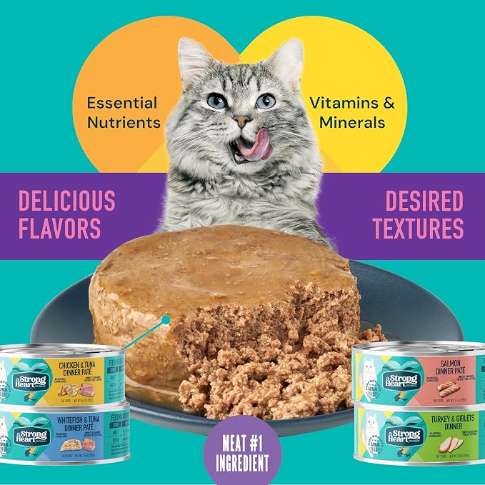 A Strong Heart Cat Food Variety Pack, Turkey, Chicken, Tuna & Salmon, 32ct | Pate texture, all life stages, complete & balanced, made in USA, 5.5oz cans