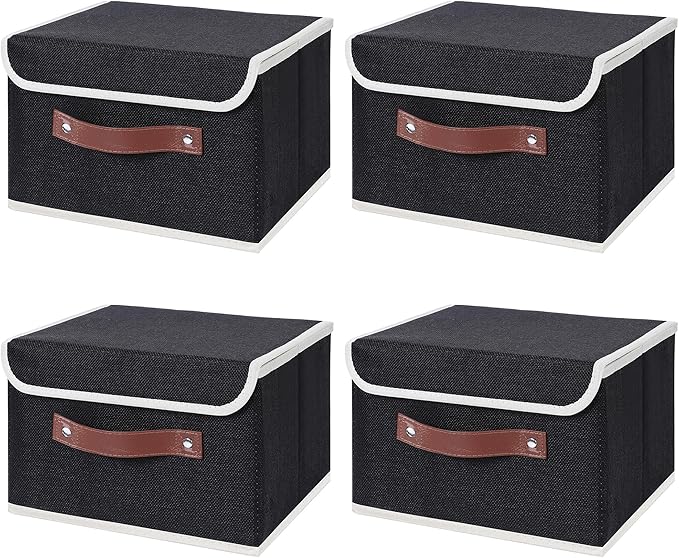 ANMINY Fabric Storage Box Bins with Lids, Black, 10"x8"x7", 4 Pack | Keepsake Memory Storage, Cotton Linen, PP Board Reinforced, Washable, PU Handles, Foldable & Stackable, Decorative, Small