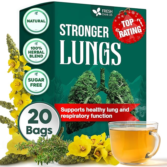 FreshDrinkUS, Premium Stronger Lung Detox Tea Bags for Smokers & Cleanse Support – Special Blend with Peppermint, Licorice Root, Ginger & Herbal Respiratory Blend – Natural Herbal Tea Support Breathing & Throat Comfort- Supports Lung Cleanse, Congestio...