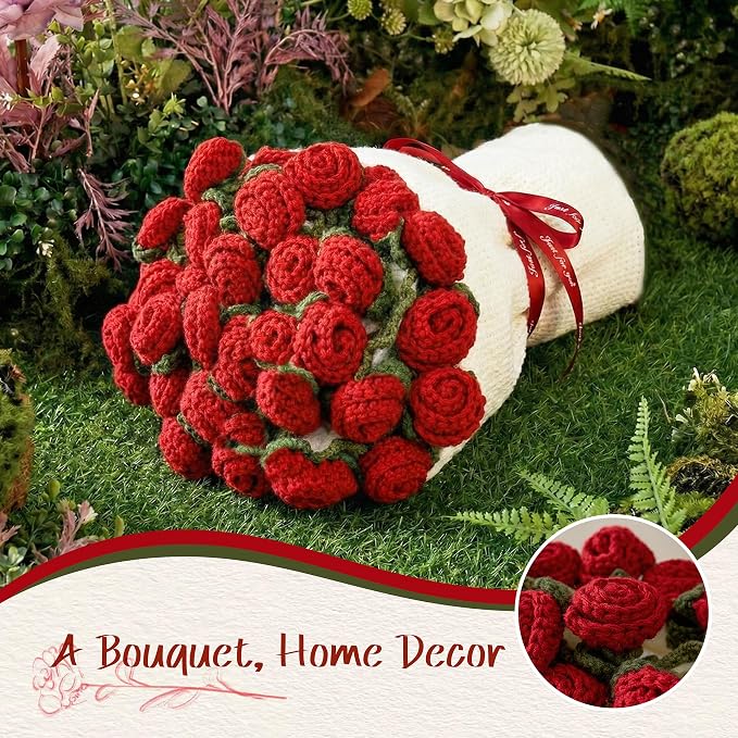 Red Rose Crochet Flower Bouquet Blanket, 43 Inch Throw, 60 Rose Flowers | Gift Bag, Writable Card, Machine Washable, Hand-Crocheted Red Roses, Ready for Romantic Gifts, Birthdays, or Anniversaries.