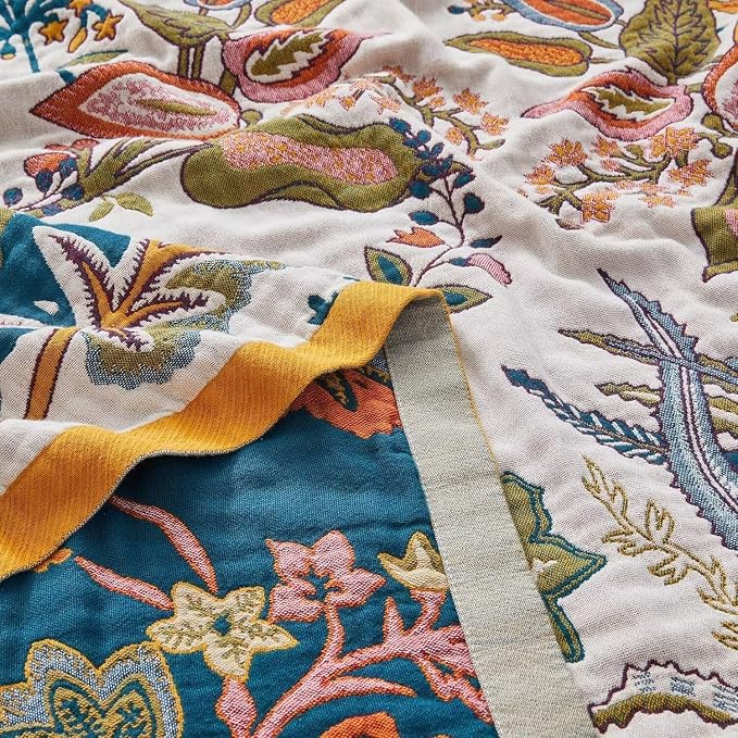 Boho Throw Blanket Farmhouse Decor Throw Blanket Bohemian Blanket for Bed 100% Cotton Muslin Woven Couch Blanket All Seasons Quilt Bedroom (J-Beige, 60"x80")
