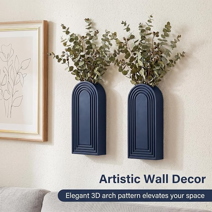 Dnnnii 2 Pack Wooden Wall Vase Set - Blue Finish Modern Farmhouse & Boho Wall Decor for Entryway, Hallway, Bathroom, Living Room, Dining Room, Narrow Spaces