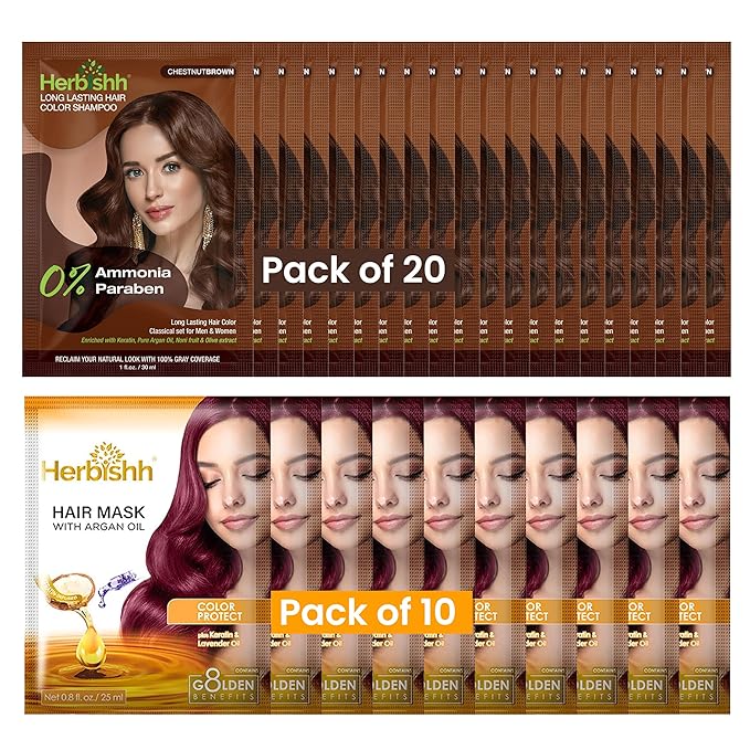 Herbishh Hair Color Shampoo for Gray Hair, Natural Ammonia Free Hair Dye with Argan Hair Mask – Long Lasting Chestnut Brown Coverage – Easy to Use Travel Pack – 20 Color Shampoo Pouches + 10 Hair Mask