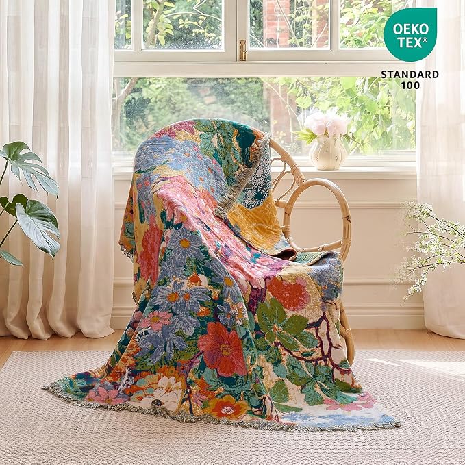 MSGKV Boho Throw Blanket 60"x80" Cotton Floral Blanket for Couch & Sofa | 60"x80" Cotton Floral Throw, Muslin Blanket, Summer Breathable, Farmhouse Decor, All Season Comfort, Machine Washable