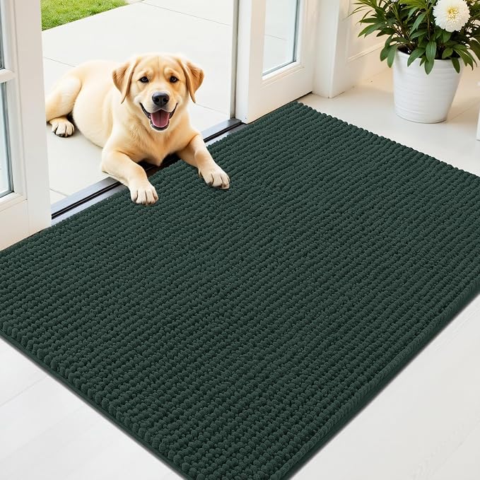 OLANLY Dog Door Mat for Muddy Paws 44x32, Extra Absorbent Chenille Mud Mat | Blackish Green, Absorbs Moisture and Dirt, Non-Slip Machine Washable Doormat, Quick-Drying Indoor Entryway Floor Mat for Dogs