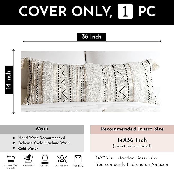 14x36 Lumbar Pillow Cover for Bed, Rectangular Long Decorative Throw Pillowcase, Boho Accent Cushion with Black Tufted Pattern and Tassels, Cream Neutral (Cover Only)