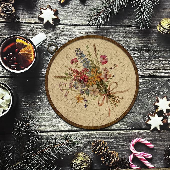 Vintage Floral Round Wall Art Decor,Retro Flower Wall Art Decoration, Watercolor Wildflower Botanical Canvas Print with Frame,Farmhouse Decor for Bedroom Living Room Gallery Space10x10inch (Letter Flowers-03)