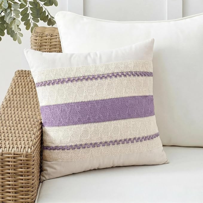 Fancy Homi Set of 2 Boho Lavender Decorative Throw Pillow Cover 20x20 Inch for Couch Bed Sofa, Aesthetic Modern Organic Farmhouse Home Decor, Soft Cotton Cute Accent Macrame Woven Cushion Case