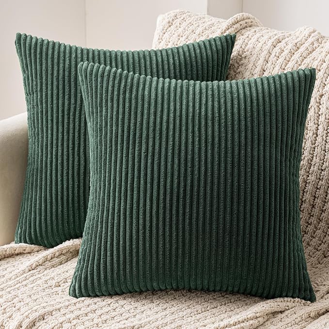 MIULEE Decorative Corduroy Throw Pillow Covers Set of 2 16x16 Army Green | Soft Striped Textured Cushion Cases, Boho Natural Greenery Pillowcases for Home Decor, for Couch Chair Sofa Bed Living Room