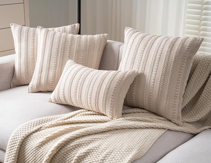 Cethom Boho Throw Pillow Covers 12x20 Inch Set of 2, Farmhouse Decorative Couch Pillow Cases, Beige Accent Pillows of Bed, Sofa Bedroom Living Room Home Decor Cushion Cover