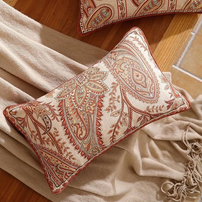 Vintage Linen Throw Pillow Cover,Set of 2,20"x12"-Chauffrey A | Designer Elegant Rectangle Pillow Cover,Concealed Zipper Design,Cashew Pattern,Sofa,Bedroom,Living Room,Lounge Chairs