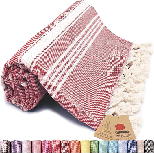 Bazaar Anatolia Turkish Beach Towel – 100% Cotton, Quick Dry, Sand Free Towel for Bathroom, Travel, Camping – Oversized 71x39 Inches – Stripe Red