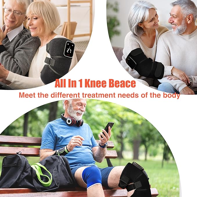 Red Light Therapy Vibration Knee Massager, Vibration & Heat - 5 Massage Zones, 660nm & 850nm Wavelengths, Rechargeable Heating Pad Knee Wrap, Gift for Men and Women