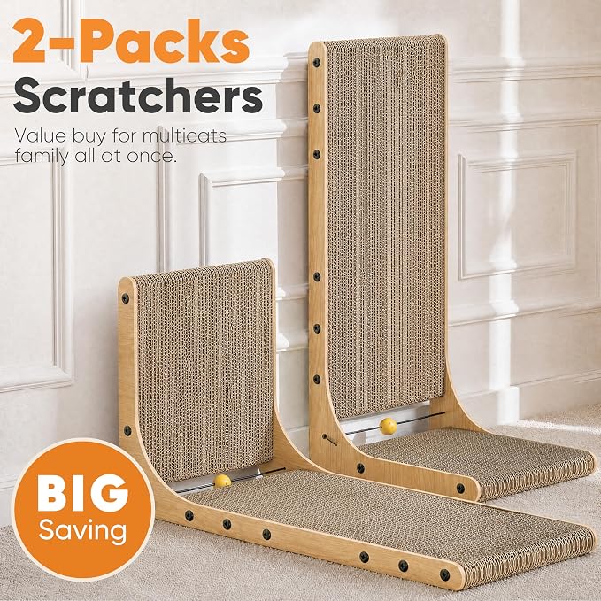 FUKUMARU Cat Scratcher 2 Packs, 25 Inch Cat Scratching Boards, L Shaped Pad | Cardboard Cat Scratcher for Indoor Cats, Vertical Scartch Pads with Ball Toy, Kitten Scratching Post Wall, Wood Color