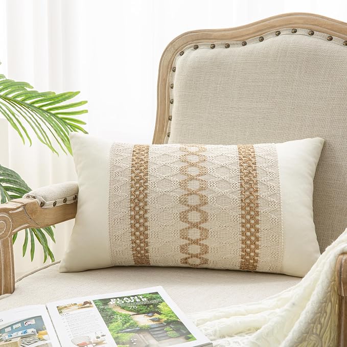 Lumbar Throw Pillow Covers Set of 1 (Brown & Beige, 12x20 Inch) | Linen Cotton Soft Cozy, Decorative Sofa Couch Pillow Cases, Textured Woven Single Striped, Boho Sytle for Living Room