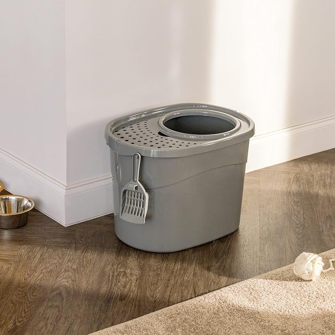 Amazon Basics Large Cat Litter Box with High Sides, Top Entry, Odor Control, Includes Scoop, 20.5 x 14.75 x 14.38 inches, Grey