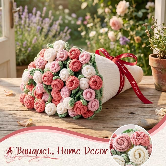 Pink Rose Crochet Flower Bouquet Blanket 43 Inch Throw 60 Rose Flowers | Gift Bag, Writable Card, Machine Washable, Hand-Crocheted Pink Roses, Ready for Birthdays, Holidays, or Anniversaries.