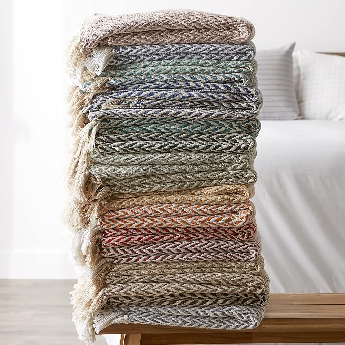 DII Modern Zig Zag Throw Blanket Woven Cotton, Hand-Knotted 2.5" Fringe, 50x60, Cinnamon
