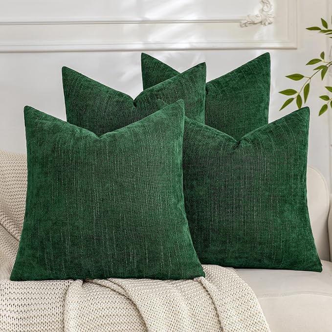 Set of 4 Soft Textured Decorative Throw Pillow Covers 20x20 Inch Cozy Farmhouse Cushion Cover Square Accent Pillow Cases for Bed Couch Sofa Living Room, Dark Green