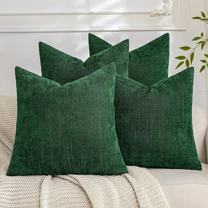 Set of 4 Soft Textured Decorative Throw Pillow Covers 24x24 Inch Cozy Farmhouse Cushion Cover Square Accent Pillow Cases for Bed Couch Sofa Living Room, Dark Green
