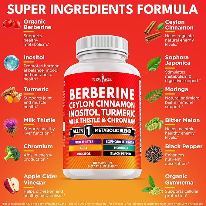 Berberine and Ceylon Cinnamon Supplement - Bitter Melon, Glucomannan, Gymnema Sylvestre, Chromium, Moringa, Milk Thistle, Turmeric, Inositol Pills - 60 Count