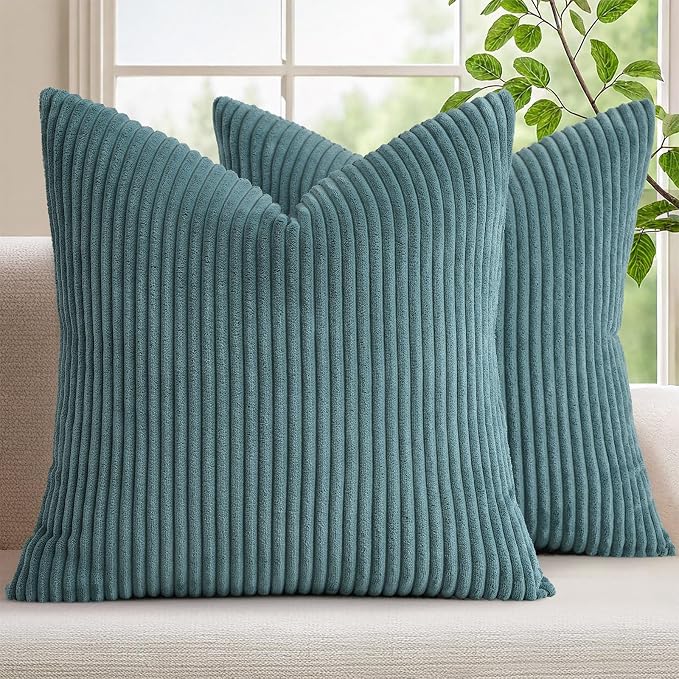 Mecatny Corduroy Decorative Throw Pillow Covers 26x26 Set of 2 Teal | Soft Striped Texture, Hidden Zipper Design, Neutral Boho Square Pillow Cases for Sofa Couch Living Room Bedroom, Home Décor
