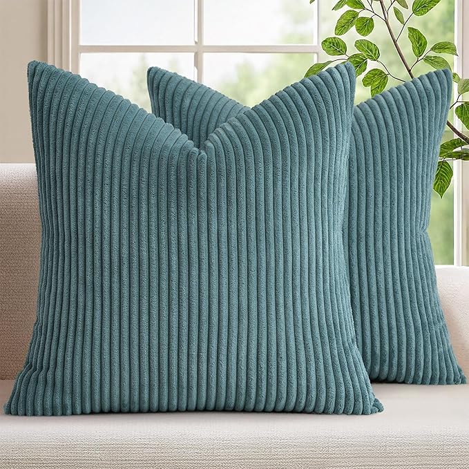 Mecatny Corduroy Decorative Throw Pillow Covers 20x20 Set of 2 Teal | Soft Striped Texture, Hidden Zipper Design, Neutral Boho Square Pillow Cases for Sofa Couch Living Room Bedroom, Home Décor