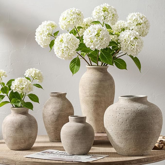 Vanselia Ceramic Flower Vase Home Decor - Farmhouse Table Vases Rustic Vintage Living Room Kitchen Bedroom Decorations for House Book Shelf Office Coffee Desk Dining Fireplace (7.4" Retro)