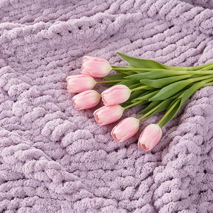 Soft Chunky Knit Throw Blanket for Couch, Cozy Warm Knitted Blankets | Hand Knit with Jumbo Chenille, Lightweight Warm Fluffy Decor for Women, Mom, Her & Girls, Sofa, Chair, Bed, 48"×71" (Purple)