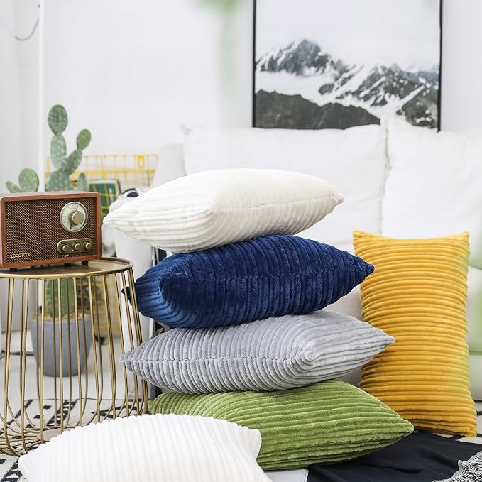 UGASA Decor Corduroy Striped Velvet Cushion Cover Velvet Pillow Covers for Sofa/Couch/Bedroom, 1 Pack, 20"x20"(50x50cm), Cream